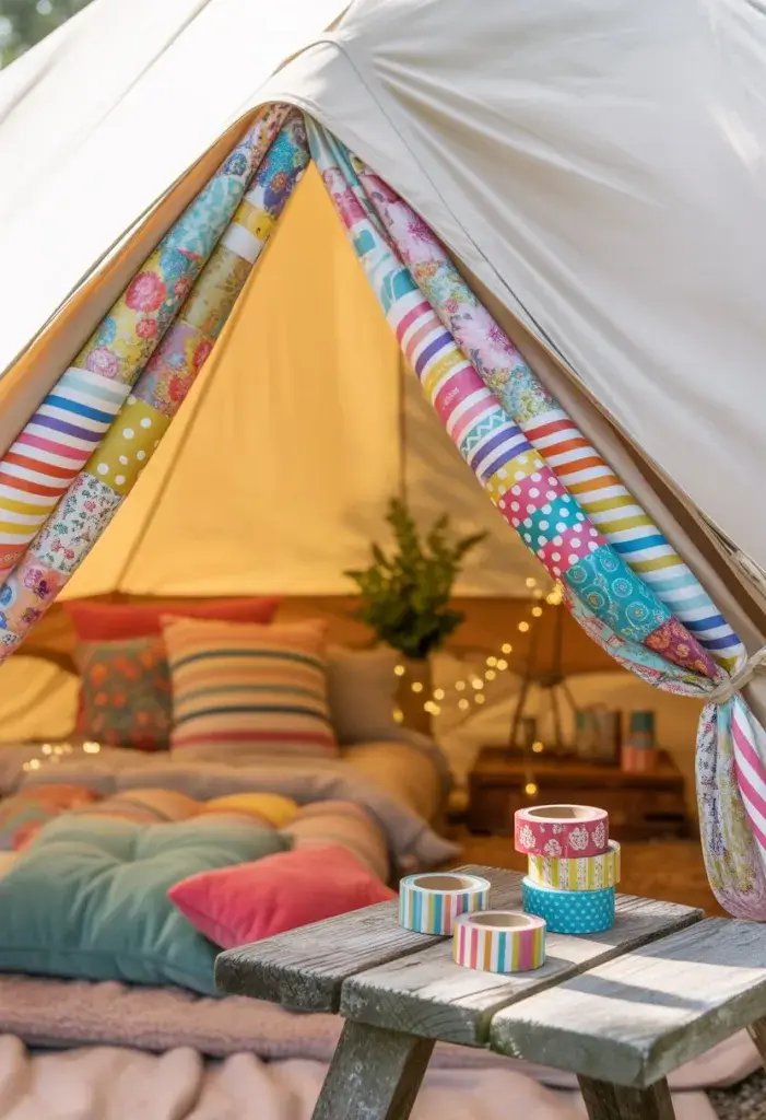 Inside a bright and cheerful glamping tent, the tent poles are wrapped in colorful, patterned washi tape—featuring stripes, florals, polka dots, and metallic accents. The washi tape transforms the plain poles into playful, eye-catching decor, adding pops of color to the tent’s corners. Around the decorated poles, the tent interior is cozy and inviting, with soft bedding, cushions, and perhaps a small plant or fairy lights. A few extra rolls of washi tape are visible on a nearby table, suggesting a fun, hands-on decorating activity. The overall vibe is creative, lively, and personal—showing how a simple DIY touch can brighten up a glamping space.