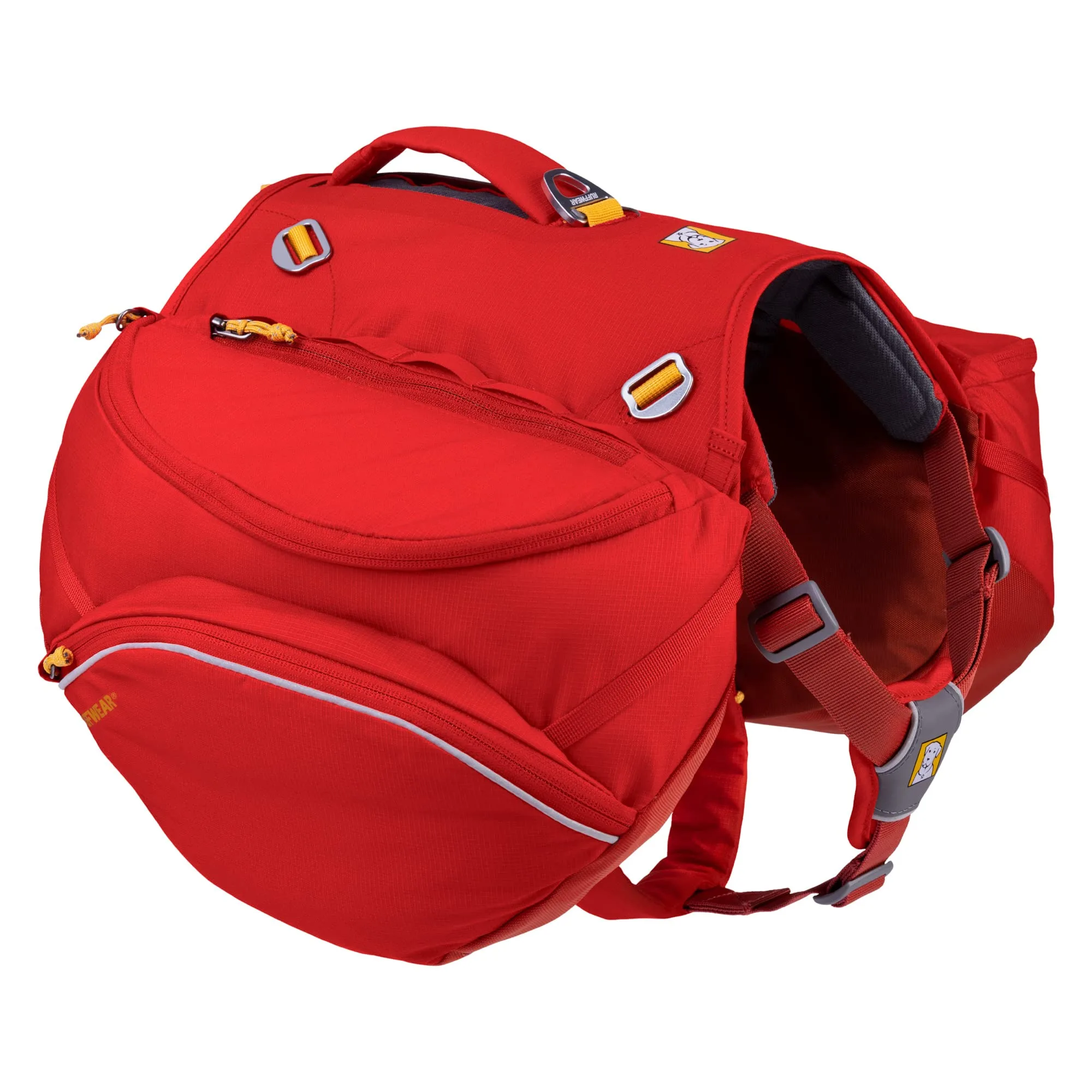 Ruffwear dog backpack in red on a dog