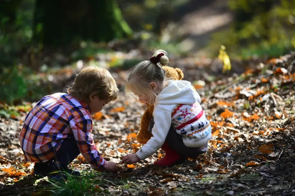 Children on a camping collecting rocks and leaves for crafts.