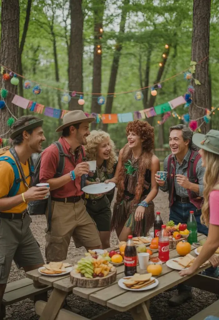 Group of adults in 1980s hiking and forest fairy costumes enjoying a lively camping party in a forest clearing with decorations and snacks.