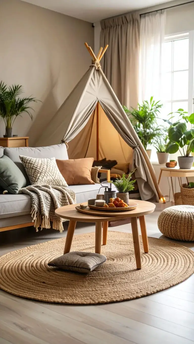 Cozy camping setup in the living room with a tent, pillows and blankets.