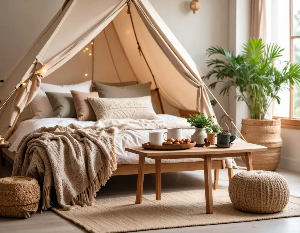 Cozy living room camping setup with pillows, blankets, snacks and a small tent.