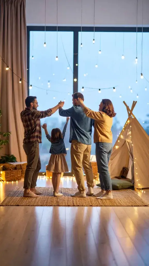 A family dancing inside a cozy living room decorated for indoor camping with string lights.