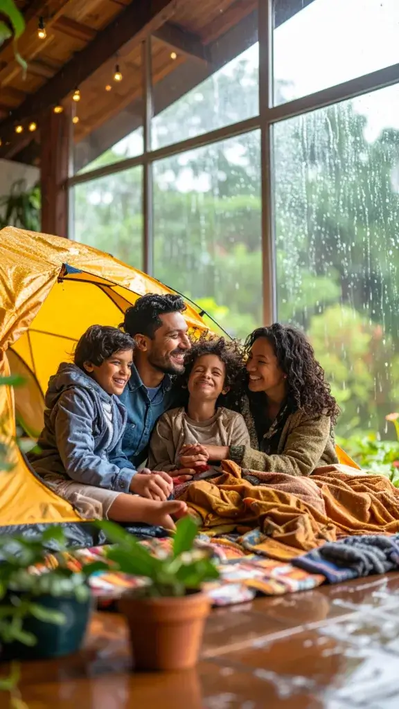 A family enjoying indoor camping on a rainy day with a tent, blankets, plants.