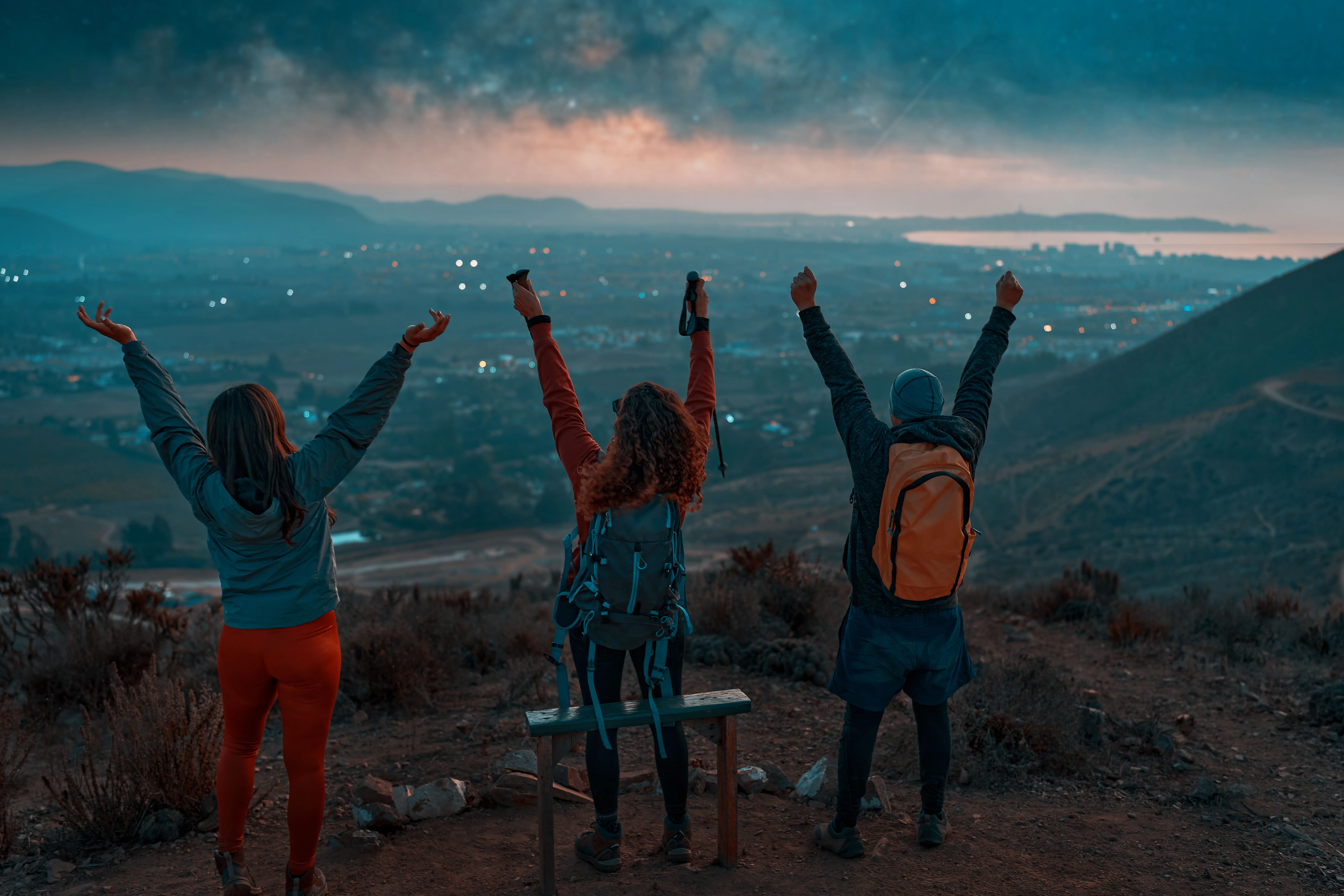 Group of friends hiking at night.