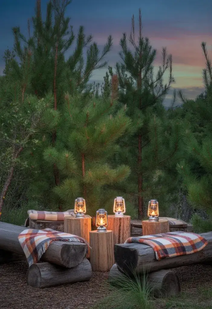 An outdoor camping scene with plaid blankets on wooden logs, mason jar lanterns glowing, surrounded by pine trees at twilight.