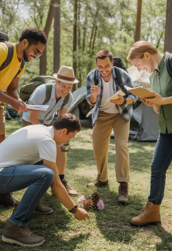A group of adults enjoying a nature scavenger hunt in a forest clearing during a camping party, searching for items and participating in playful challenges.