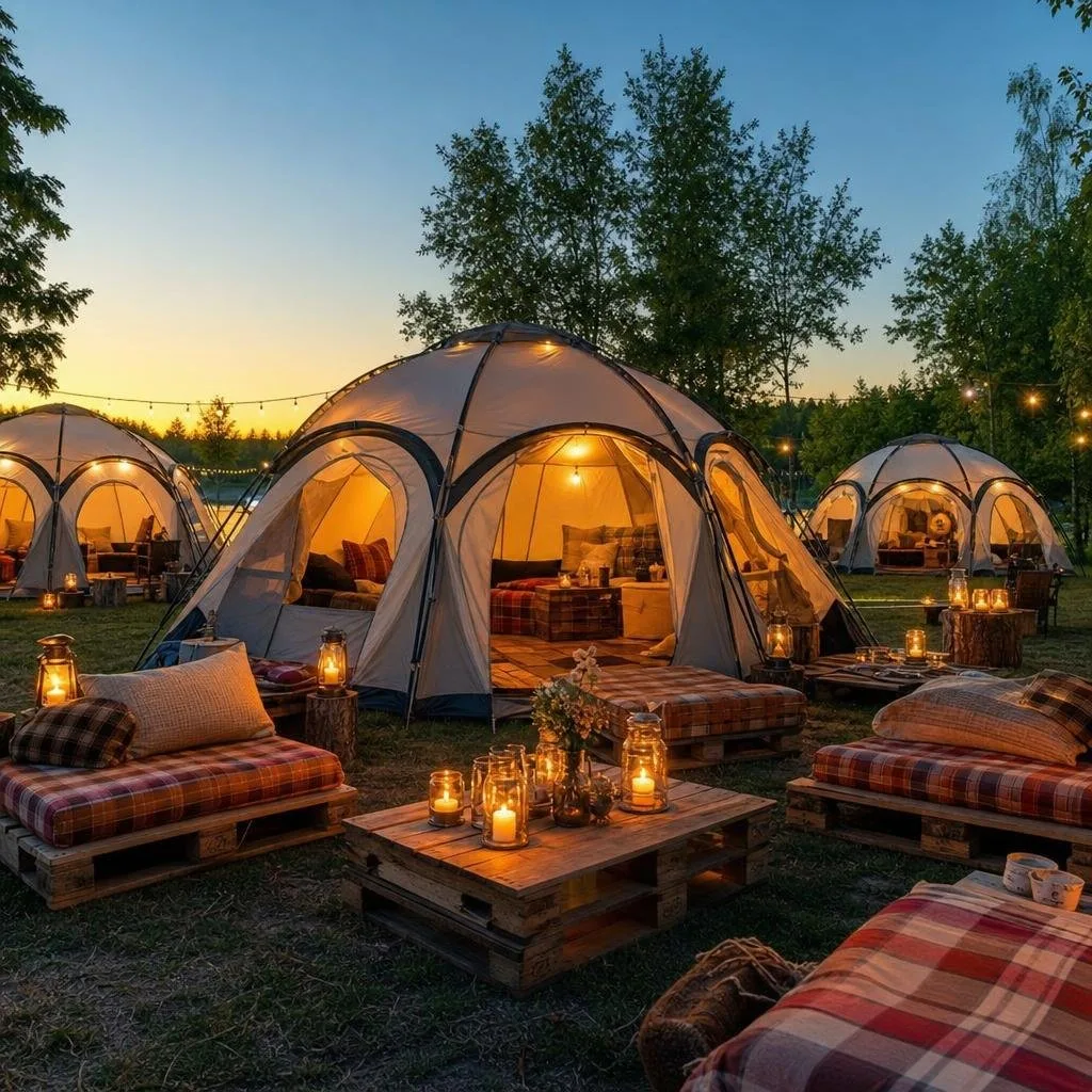Outdoor glamping lounge with Coleman SkyDome tents, plaid blankets on wooden pallets, and mason jar lanterns glowing in a natural setting.