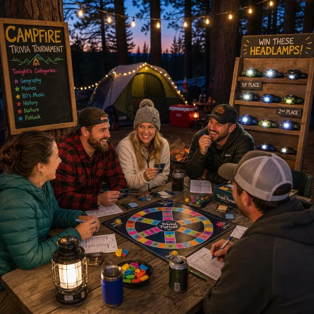 Adults playing a trivia board game outdoors at dusk with camping gear and headlamps nearby.