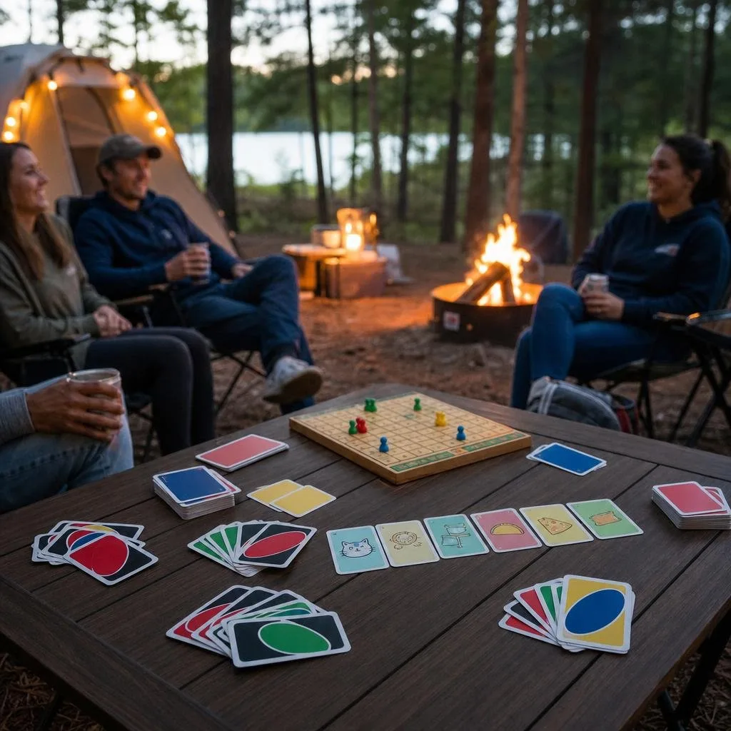 A campsite with a wooden table holding several card games surrounded by camping chairs and outdoor gear.