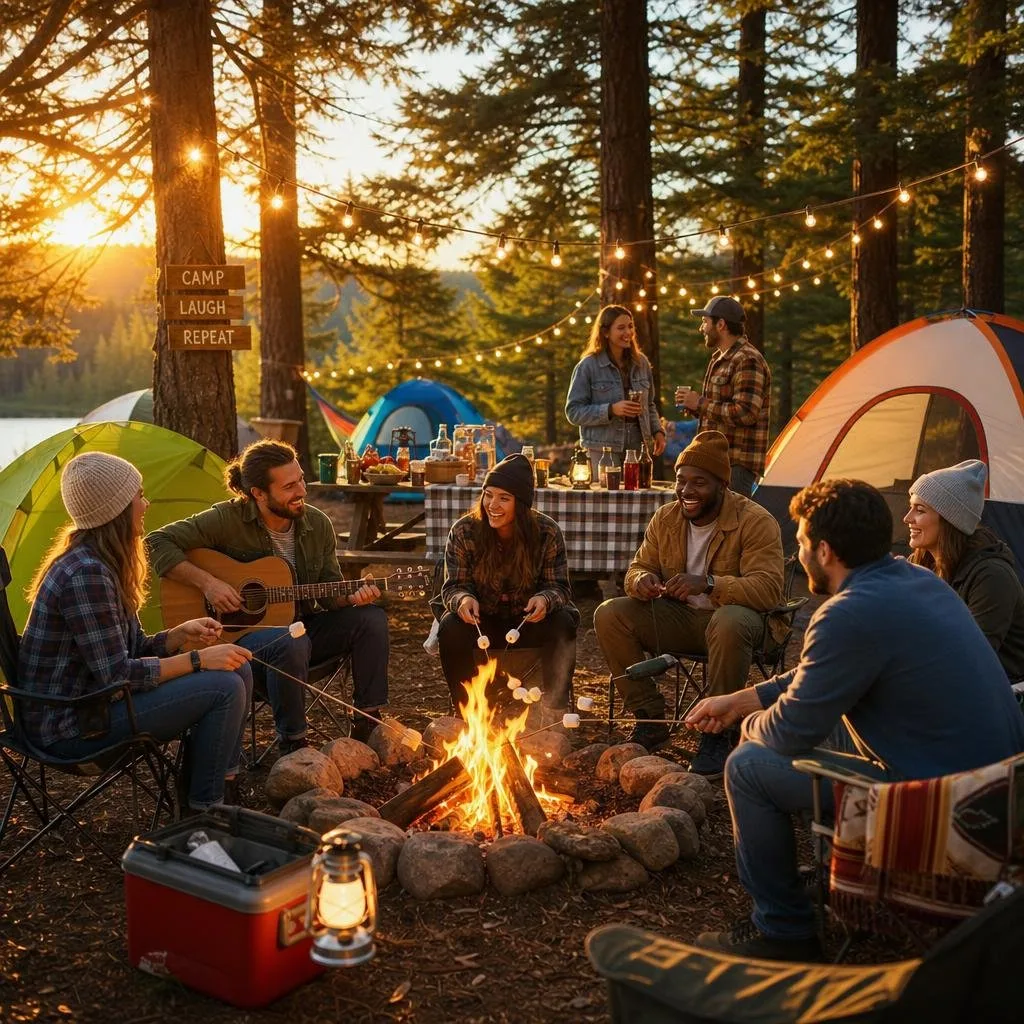 A group of adults enjoying a camping party around a campfire in a forest with tents and picnic setup.