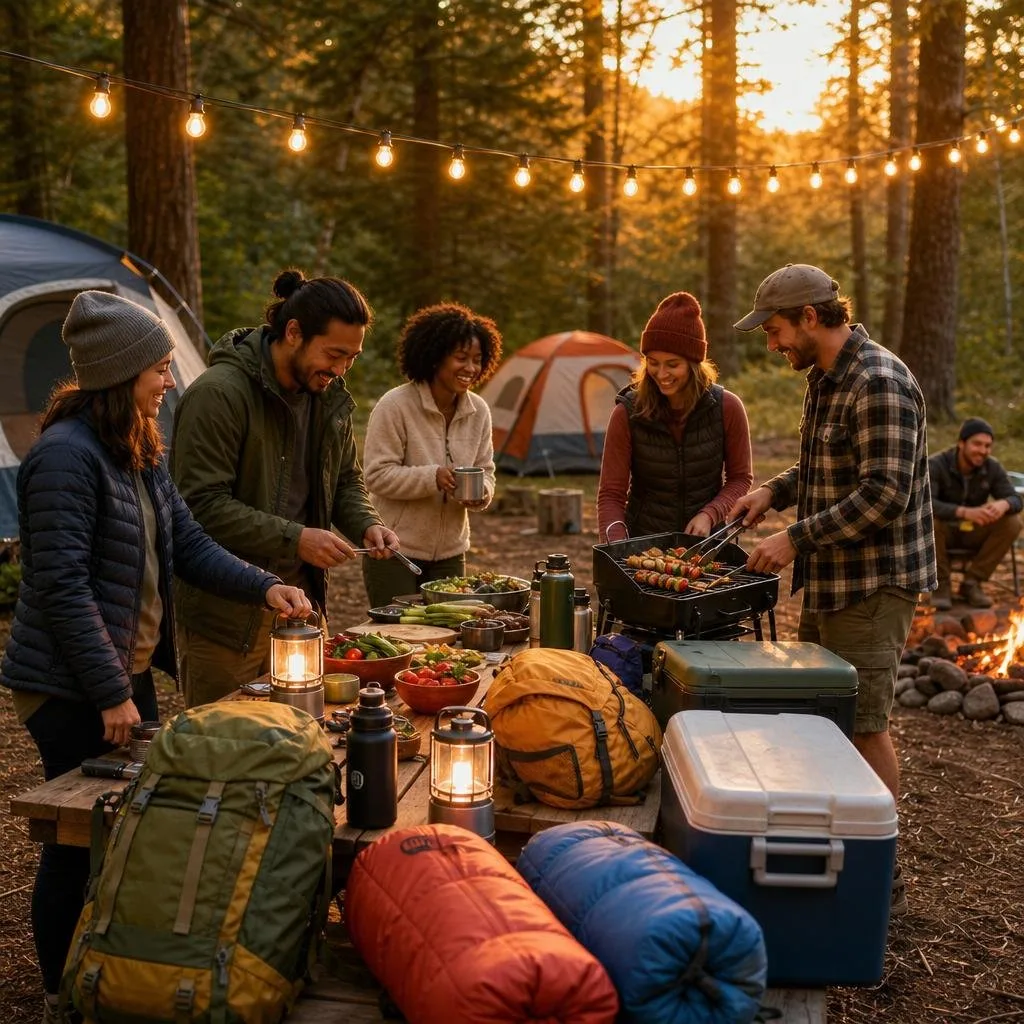 A group of adults enjoying a camping party in a forest clearing with camping gear, tents, and a campfire.