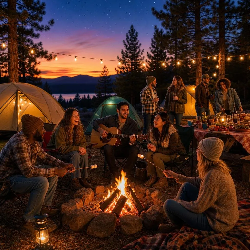 Group of adults enjoying a lively camping party at dusk with tents, campfire, and string lights in a forest clearing.