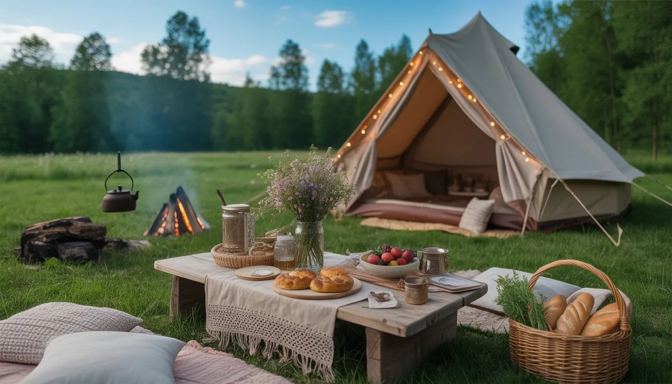 A cozy outdoor campsite with a vintage canvas tent, a wooden picnic table with wildflowers and food, a small campfire, and blankets in a green meadow surrounded by trees.