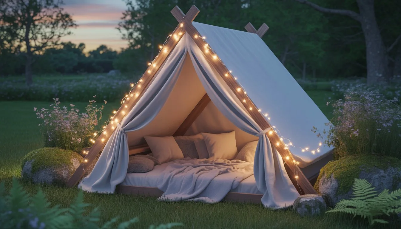 A small white fabric tent decorated with twinkling fairy lights set up outdoors with cushions inside, surrounded by greenery and wildflowers at twilight.