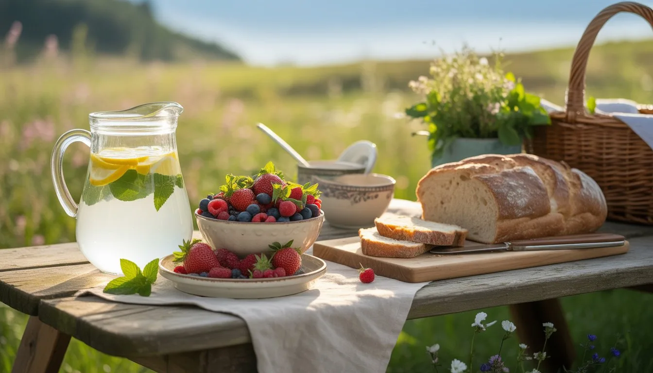 A picnic table outdoors with a pitcher of lemonade, a bowl of fresh berries, and a loaf of rustic bread surrounded by greenery.