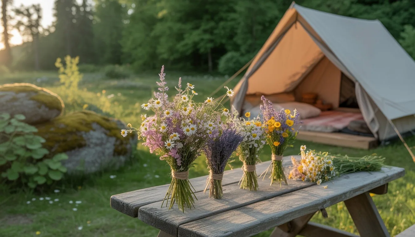 Small bouquets of wildflowers tied with twine on a wooden picnic table at a campsite with a canvas tent and forest background.