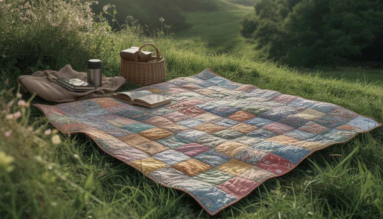 A vintage patchwork quilt spread on green grass outdoors with wildflowers and camping items nearby.