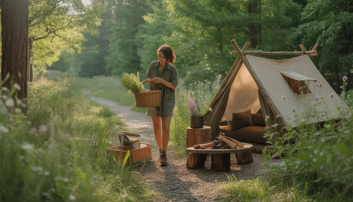 A person picking herbs and mushrooms on a forest path near a rustic campsite with a tent and campfire surrounded by green trees and plants.
