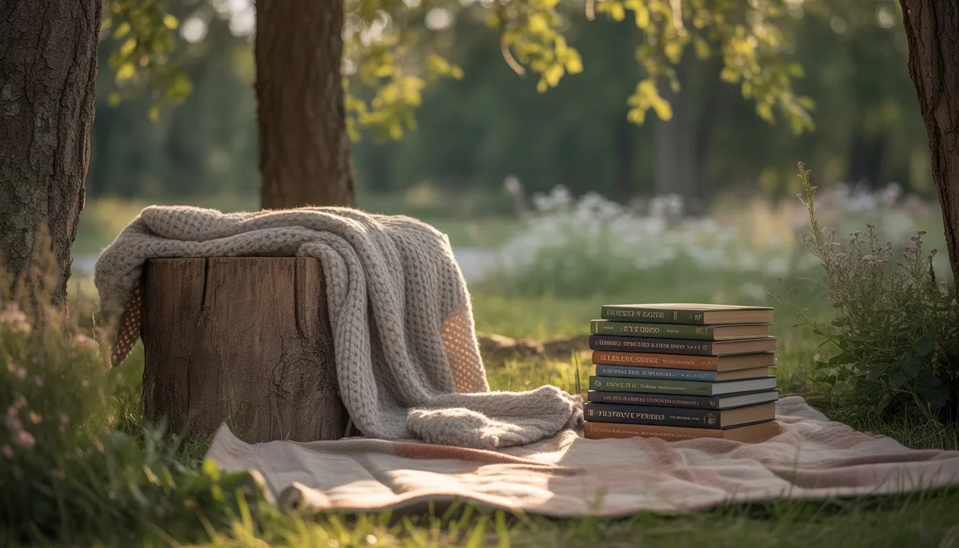 A cozy outdoor reading nook under trees with a wool shawl draped on a wooden bench and a stack of poetry books nearby.