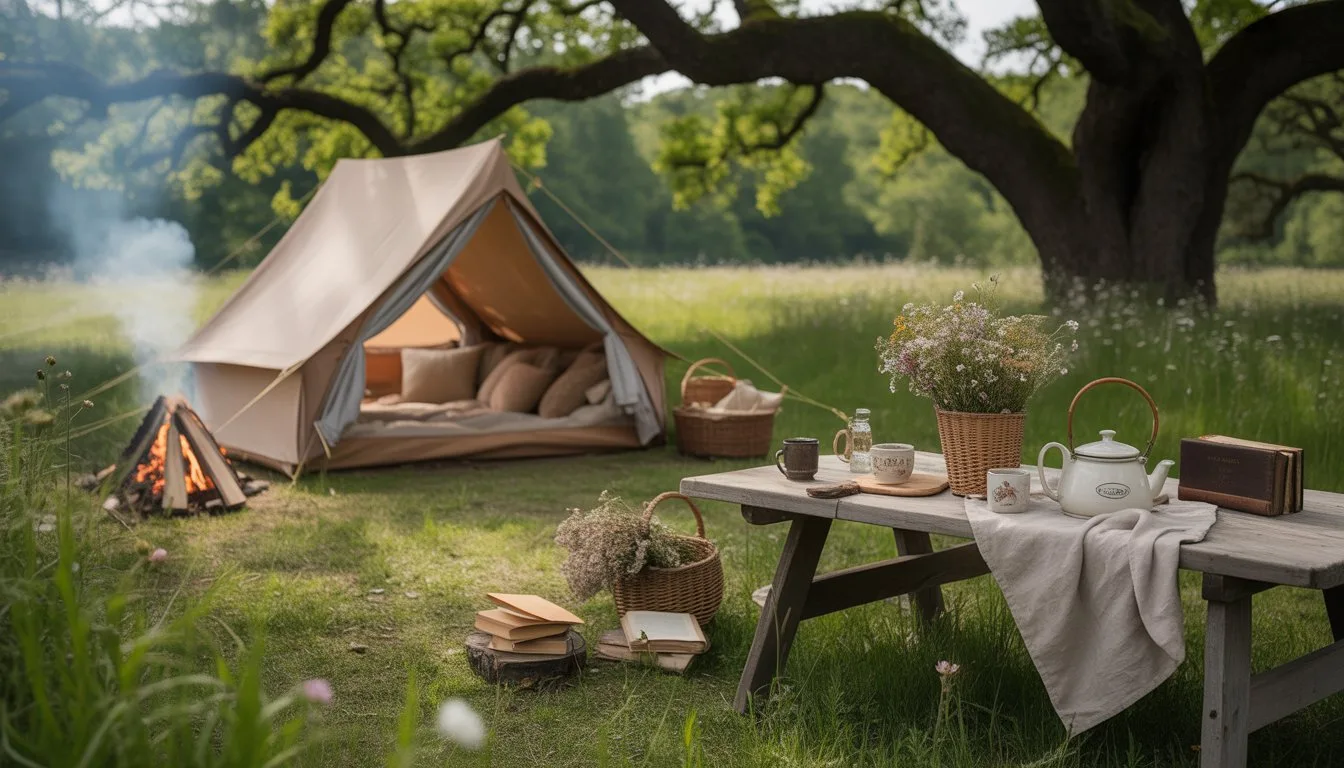 A cozy campsite in a green meadow with a canvas tent, campfire, wooden picnic table with flowers and teapot, surrounded by trees and wildflowers.