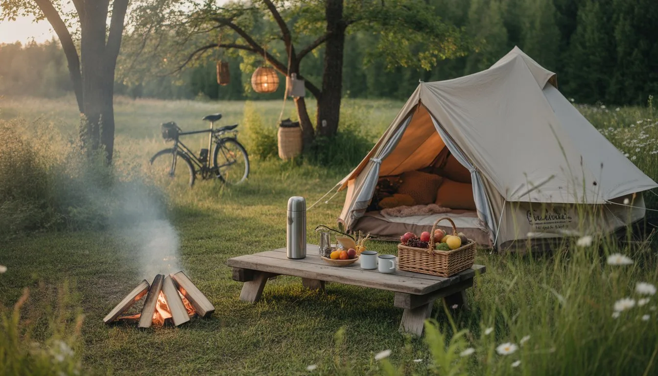 A cozy campsite in a forest clearing with a canvas tent, picnic table with basket and mugs, campfire, bicycle, and hanging lanterns under warm sunlight.