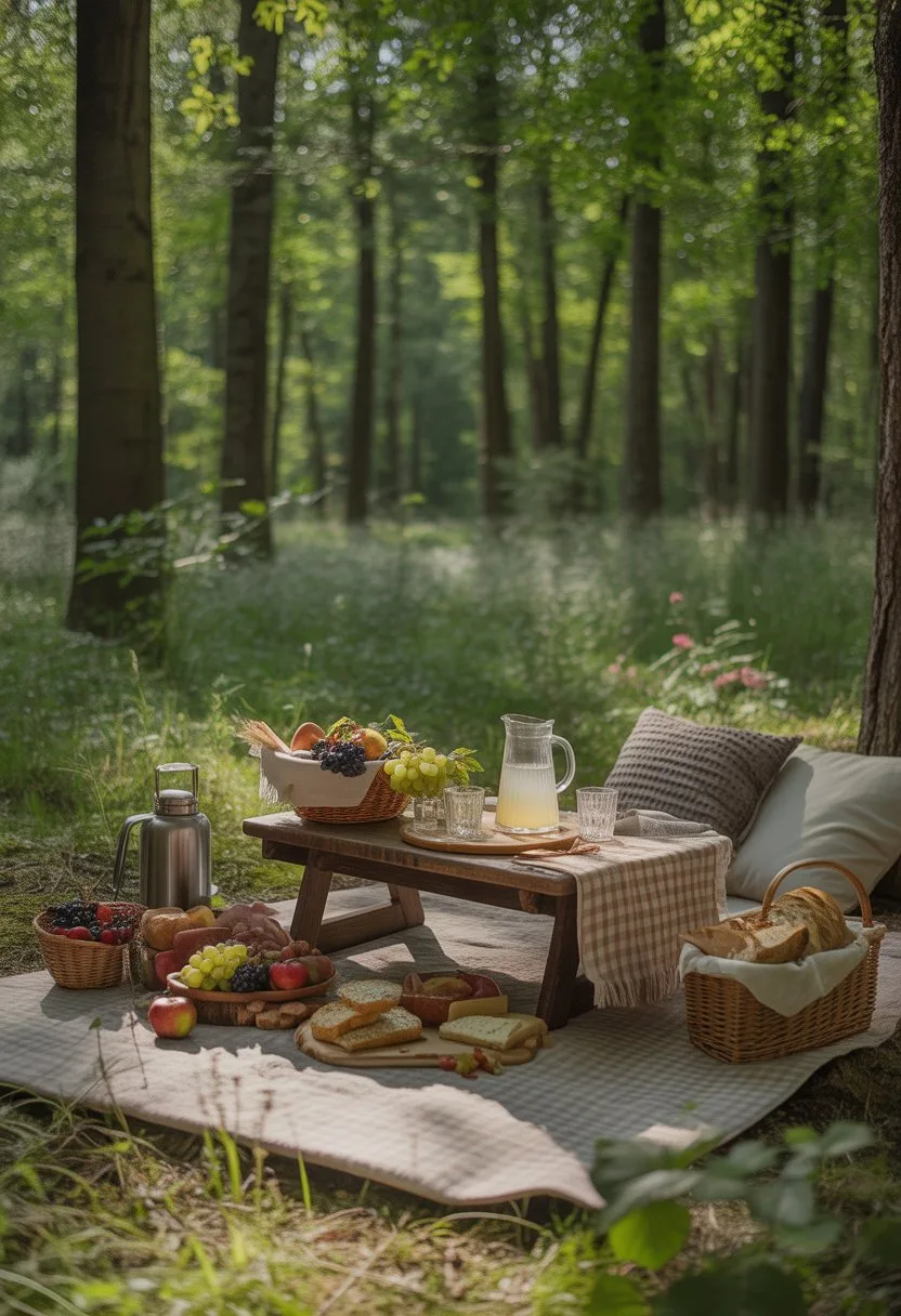 A picnic setup with a checkered blanket, fresh fruits, bread, and lemonade on a wooden table in a green forest with sunlight filtering through the trees.