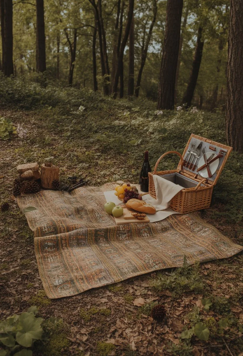A picnic blanket with earthy patterns spread on a forest floor surrounded by trees and natural forest elements, with a picnic basket and food items arranged on the blanket.