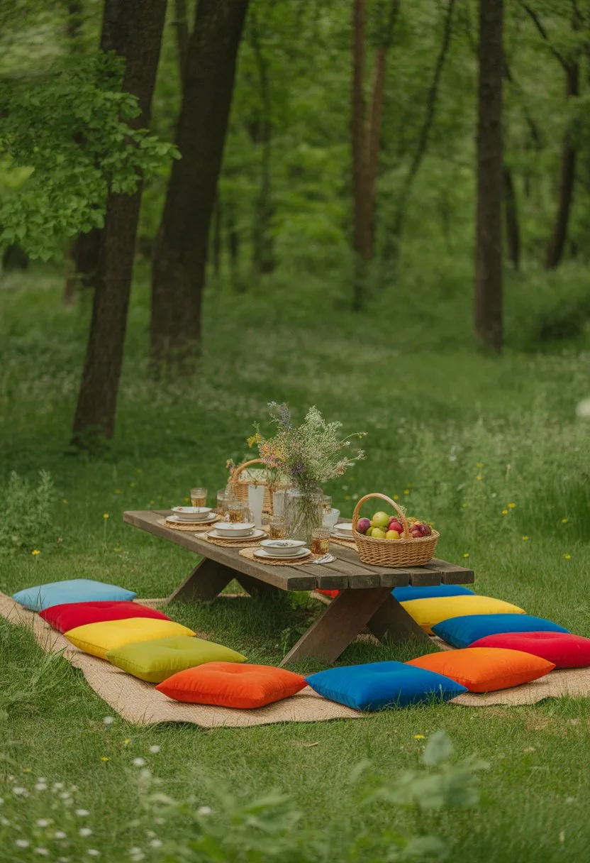 A picnic table in a forest surrounded by colorful cushions and greenery.