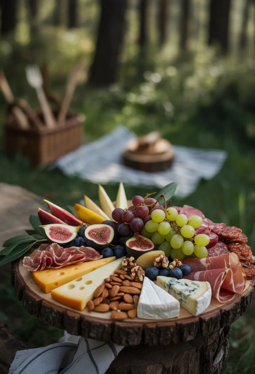 A grazing board with fruits, nuts, cheeses, and cured meats set outdoors in a forest picnic scene.