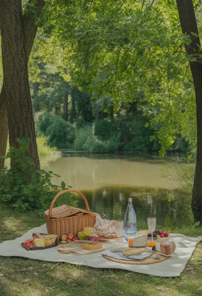 A picnic setup with a blanket, basket, and food placed near a calm pond under tall trees in a forest.