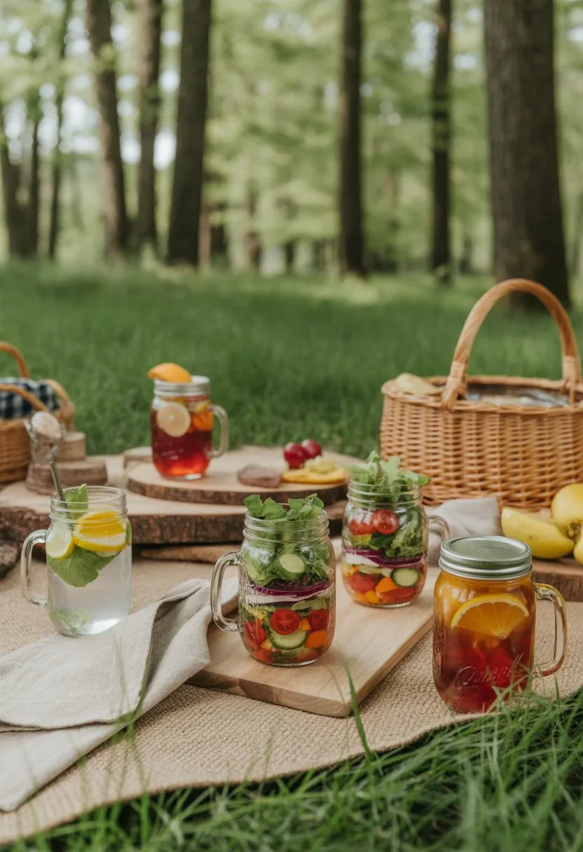 A picnic setup in a forest with mason jars filled with salads and drinks on a blanket surrounded by trees.