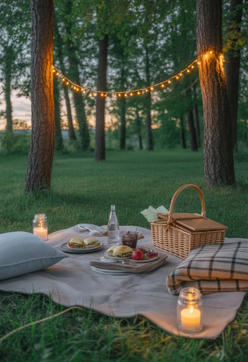 A picnic setup in a forest at dusk with fairy lights hanging between trees and battery-powered candles glowing around a blanket with food and cushions.