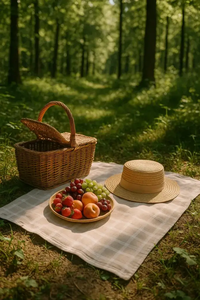 A picnic blanket in a forest with a straw hat, lightweight clothing, a wicker basket, and fresh fruits under sunlight.
