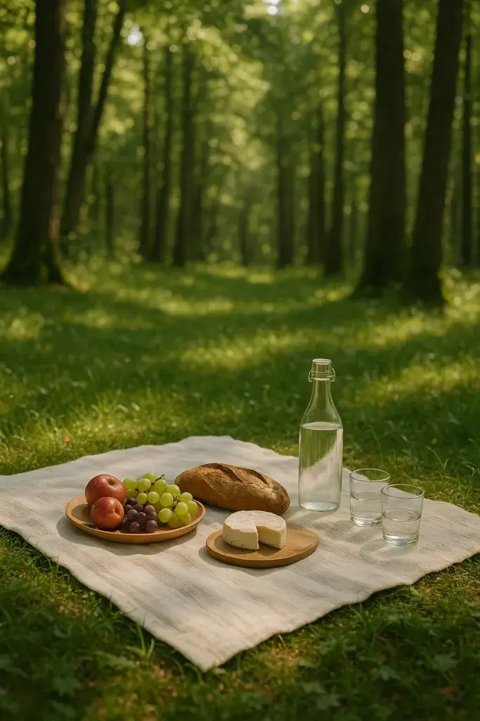picnic blanket, some snacks, and water.