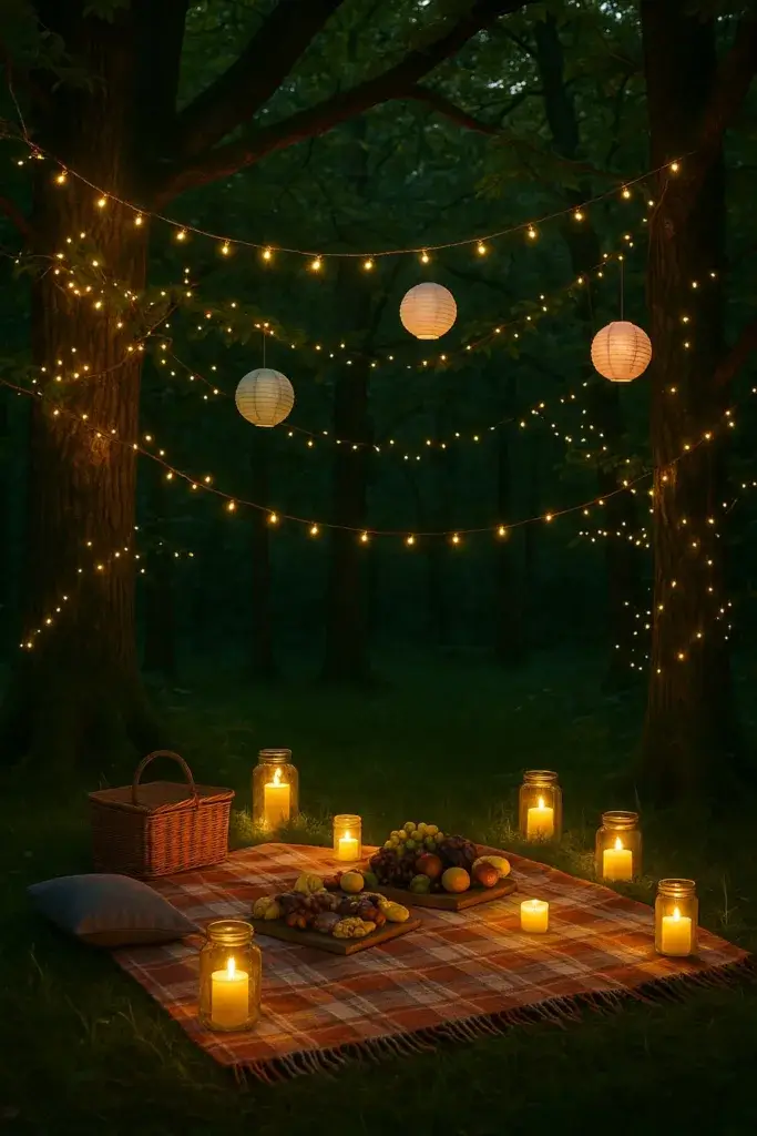 Battery-powered string lightsLED candles in jarsPaper lanternsMini fairy lights on branches