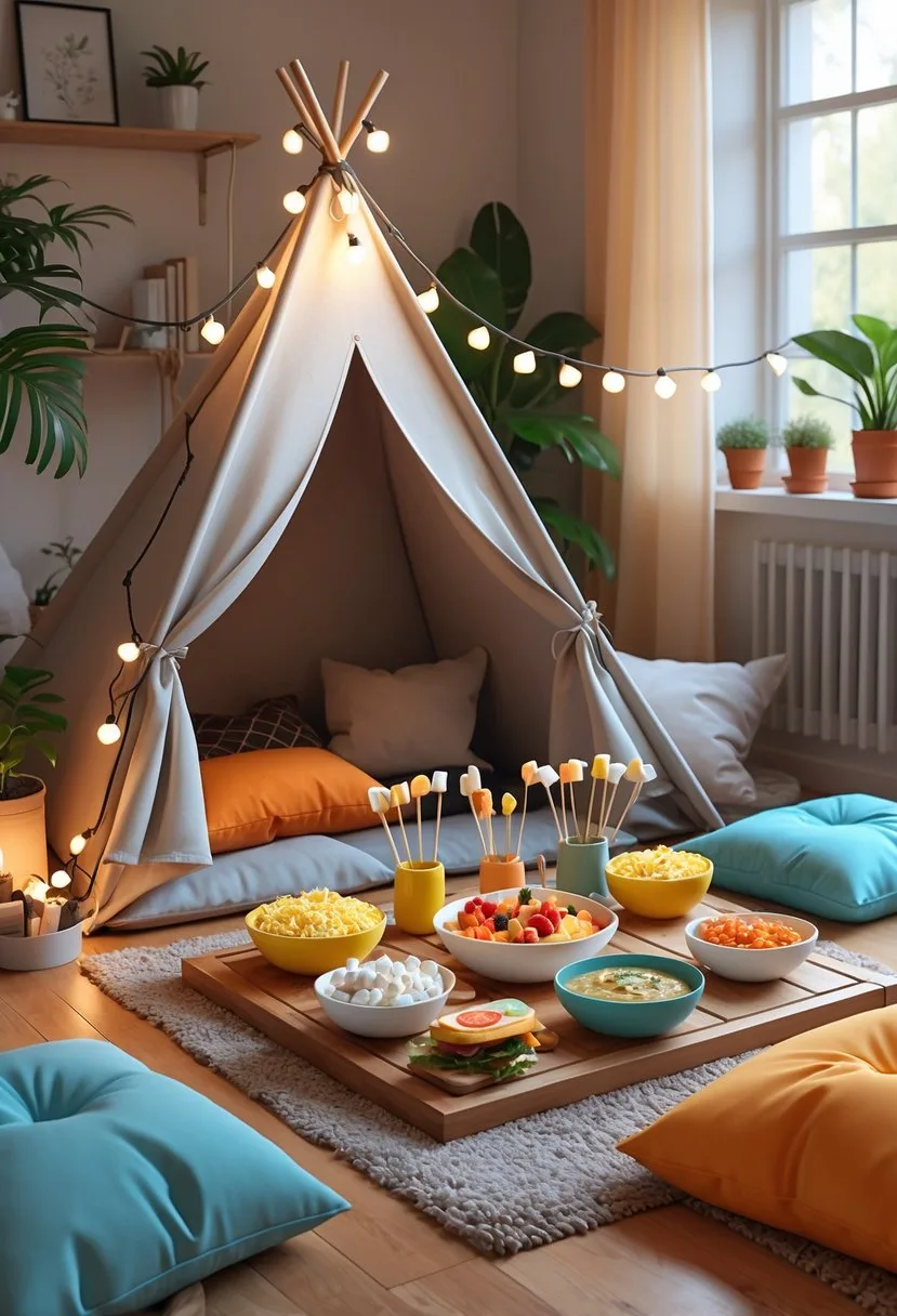 A cozy indoor camping setup with a small fabric tent, cushions, and a table filled with various snacks like popcorn, mini sandwiches, fruit and cheese skewers, marshmallows on sticks, and dips in a living room.