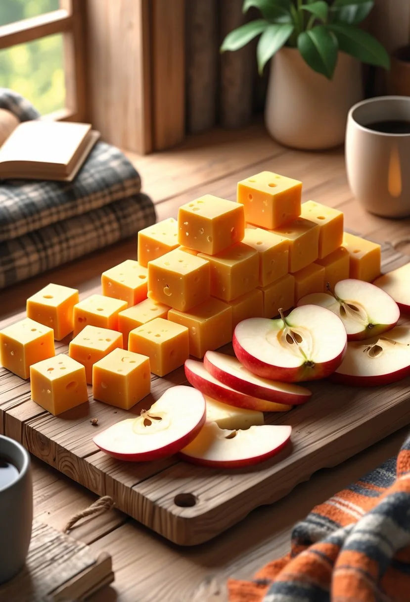 A tray with cheddar cheese cubes and apple slices arranged indoors on a wooden table with cozy items nearby.
