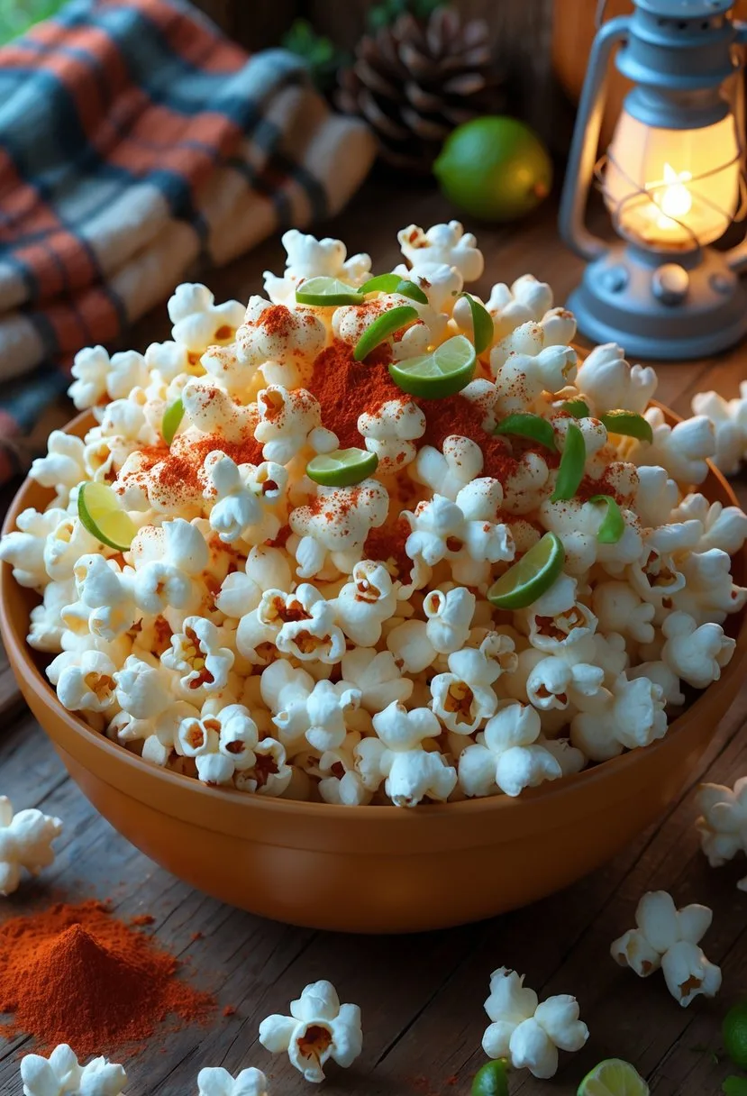A bowl of popcorn sprinkled with chili powder and lime zest on a wooden table, surrounded by a plaid blanket, lantern, and pinecones.