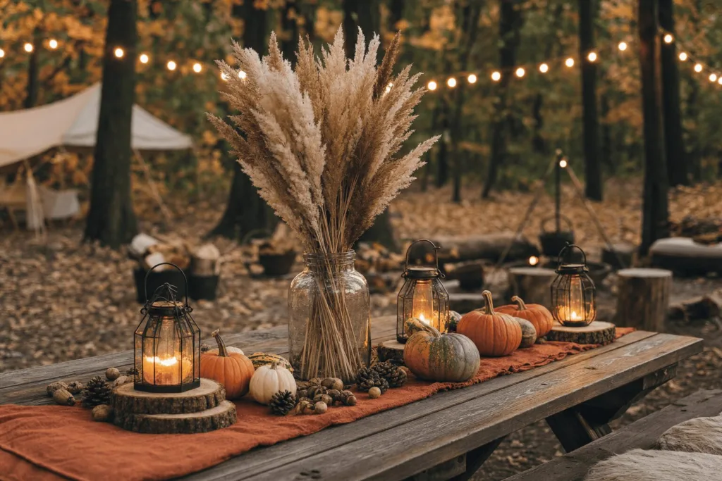 Rustic camping tablescape featuring dried pampas grass in a mason jar, small pile of acorns and pinecones, wood slice coasters under hanging lanterns, real mini pumpkins and gourds, warm string lights, autumn forest backdrop, cozy editorial photography