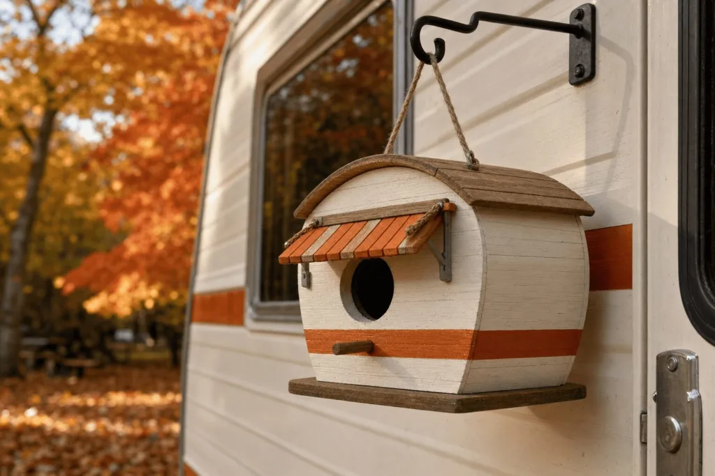 Cream and burnt orange paint scheme with the mini awning detail, hanging near the camper door, autumn leaves