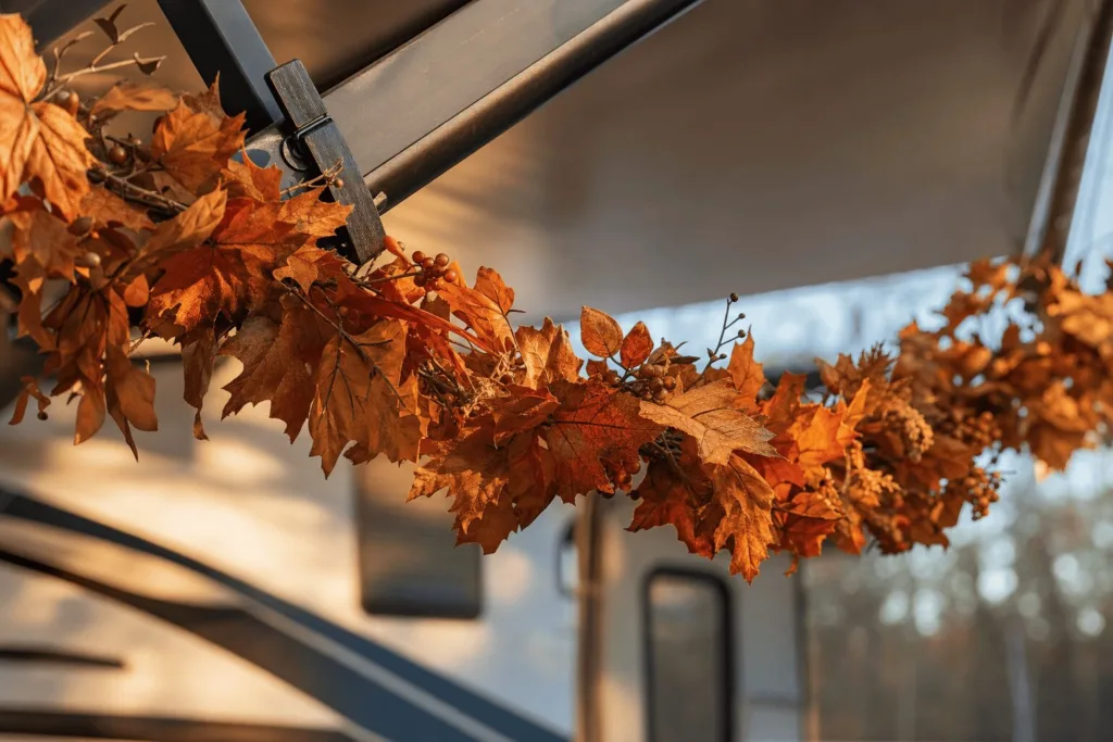 Warm orange and brown leaf swag with the natural mid-drape, a rustic clip holding it to the awning arm, soft afternoon light,
