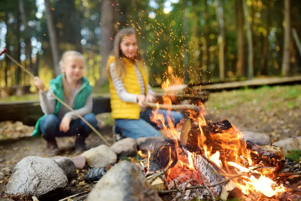 Two children cooking on a campfire.