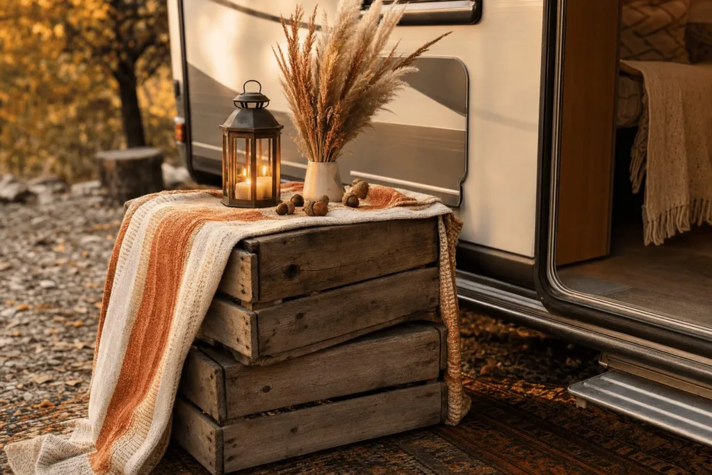 Stacked crates draped with the cream/burnt orange runner, lantern glow, dried pampas grass and wheat stems, camper door softly in the background