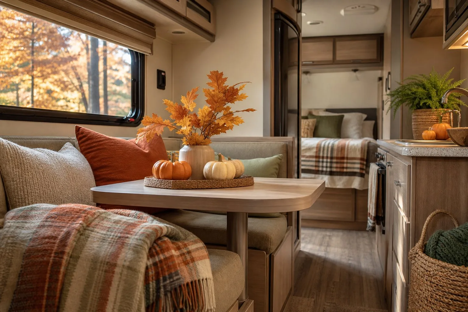 A small RV interior decorated with pumpkins, autumn leaves, and cozy fall-colored textiles.