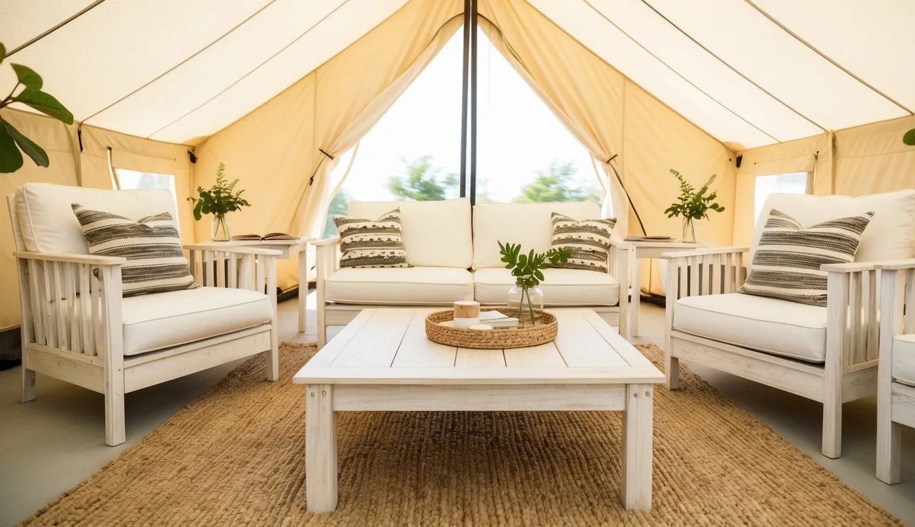 A bright glamping scene with whitewashed wooden coffee tables and fresh, airy furniture