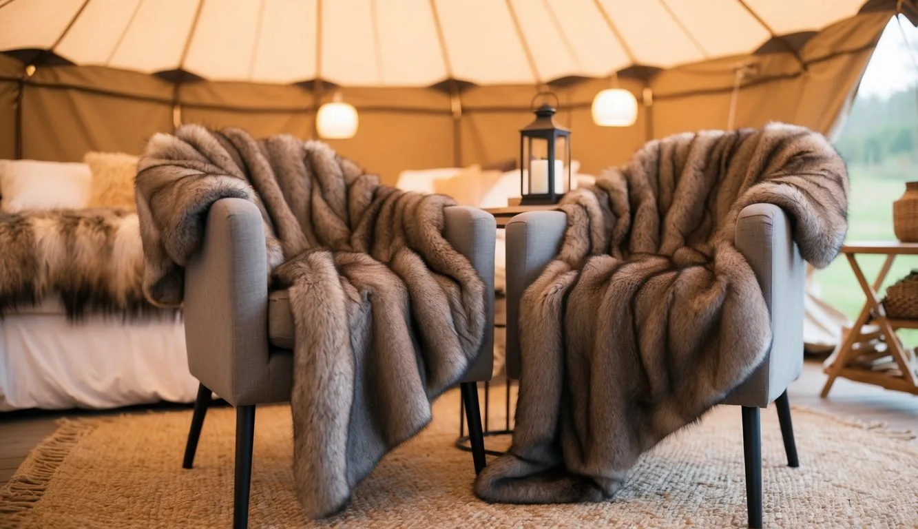 Faux fur throws draped over glamping furniture for cozy warmth