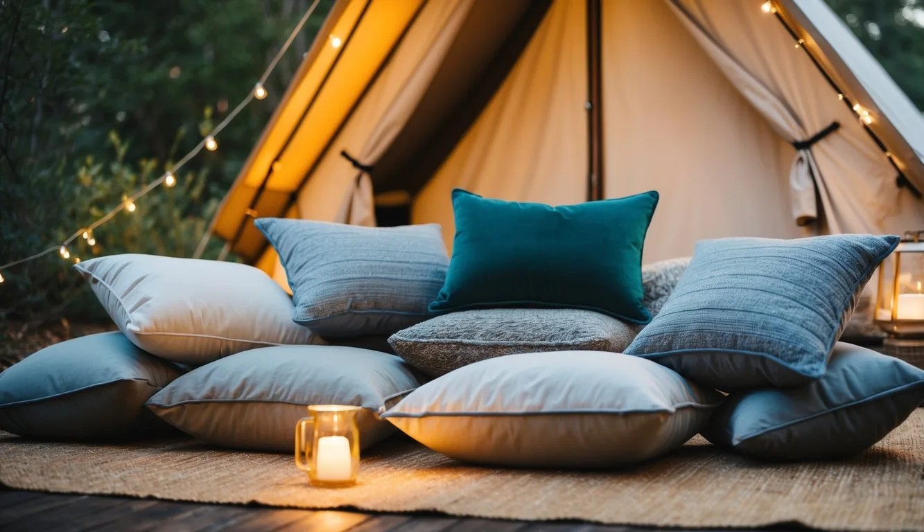 Soft, plush floor pillows arranged in a cozy outdoor glamping setting, surrounded by nature and warm lighting