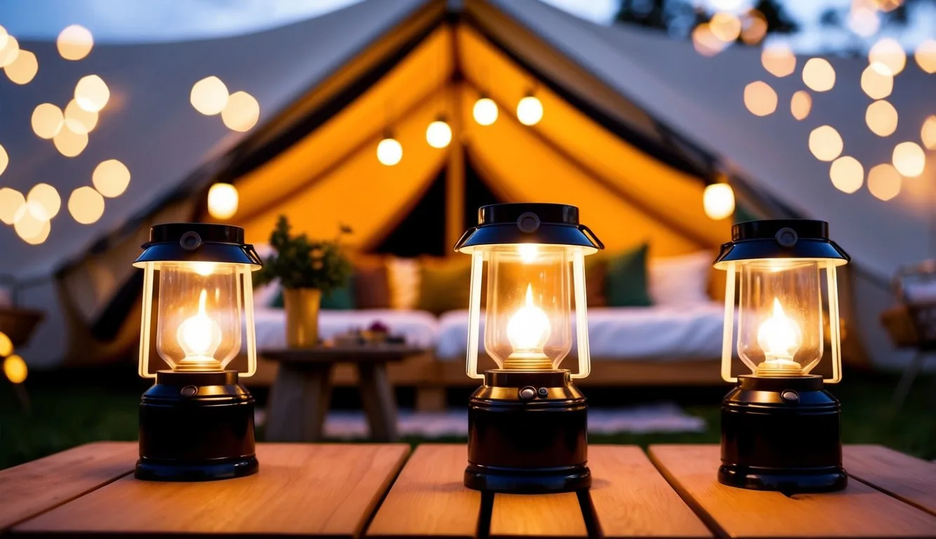 Solar-powered lanterns casting a warm glow over a cozy glamping setup with stylish furniture and decor