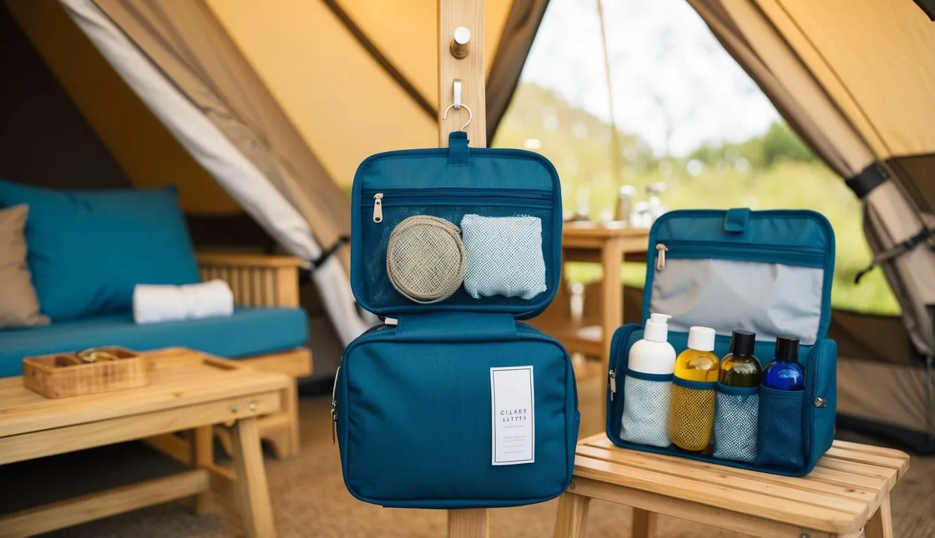 A hanging toiletry kit is neatly organized next to glamping furniture, with essentials within reach